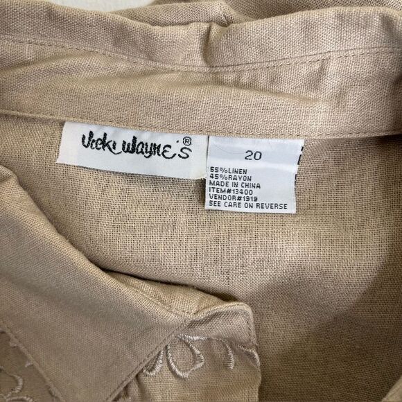 Vicki Waynes Linen Blend Tan Embroidered Button Top Pull On Pant Set Women 20 - Picture 7 of 16